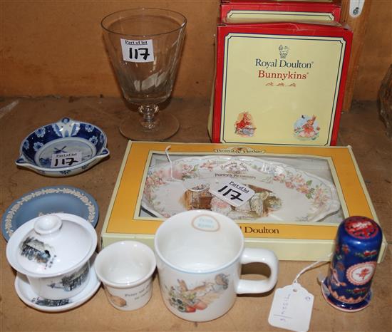 Five items of Doulton & Wedgwood nursery ware, sundry small ceramics and a panel-cut glass pedestal vase(-)